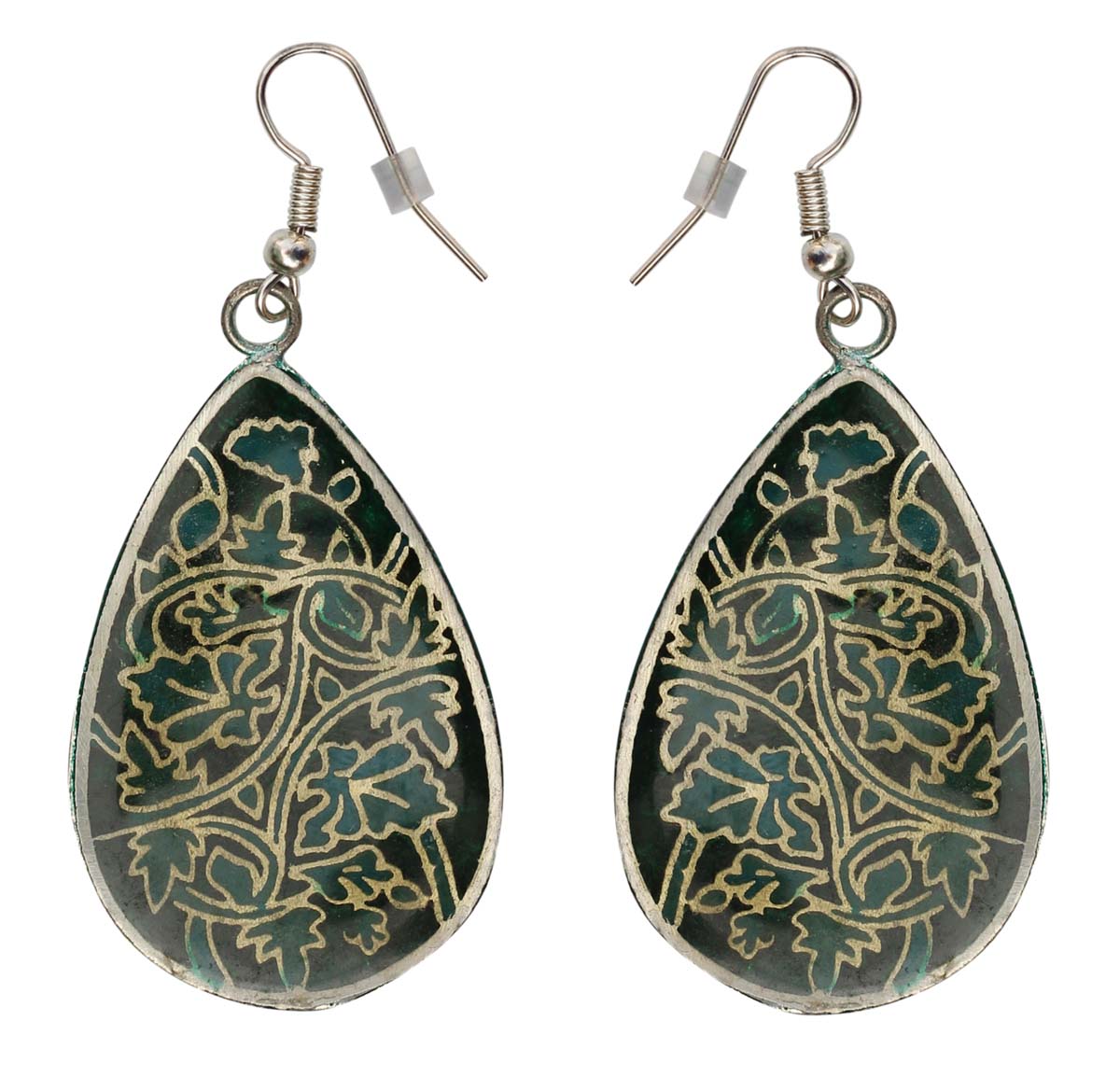 Pair of Oval Hook Earrings in Brass - 2.4” Teal-Blue Leafy Motifs - Drop Earrings / Women Fashion Jewelry - Buy in Bulk Wholesale